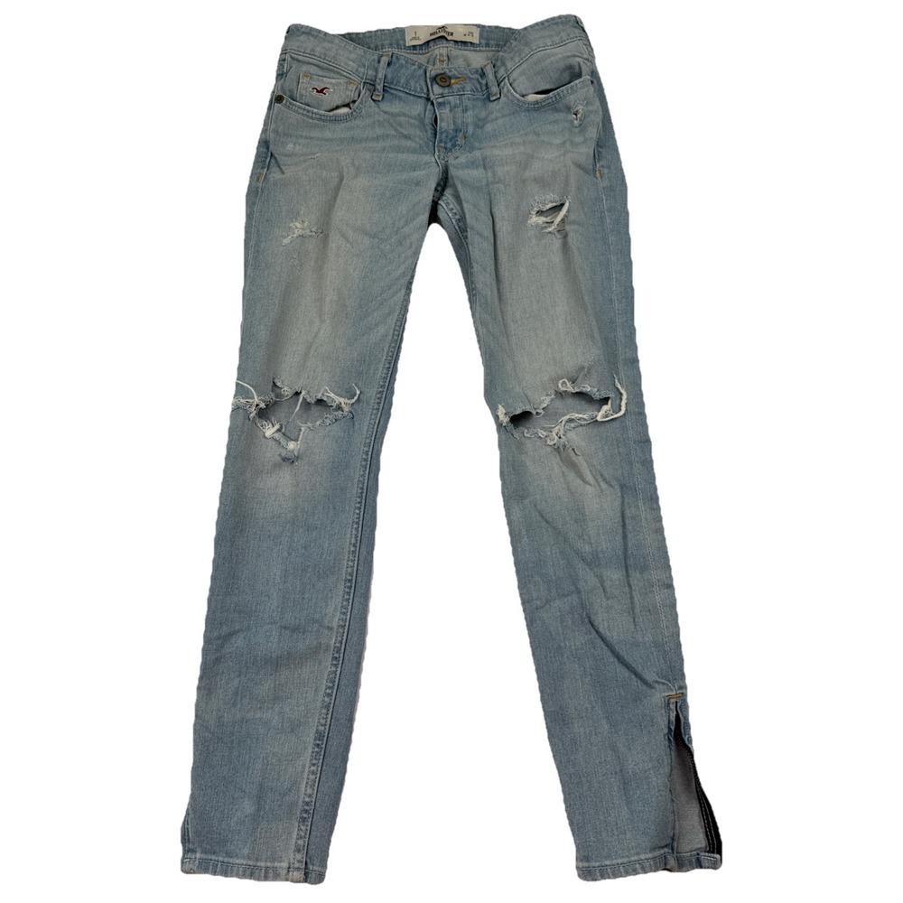 Hollister Distressed Skinny Jeans Womens 25 Zipper Hem Light Wash Low Rise